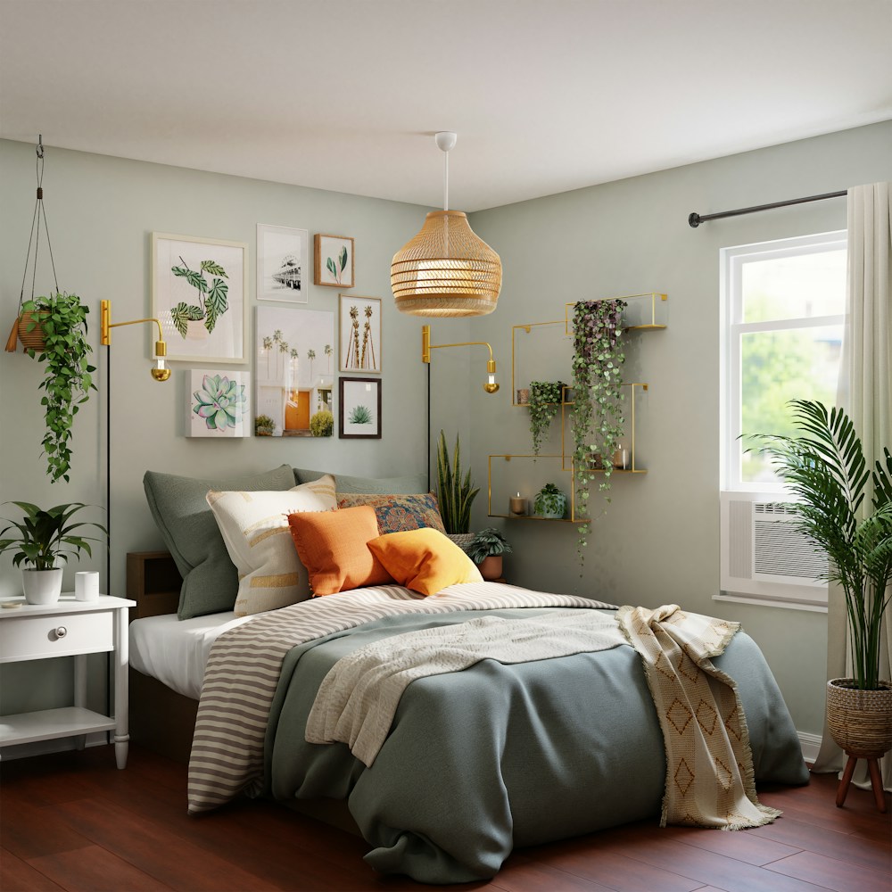 A restful bedroom with bedside furniture, soft linens and natural accents.
