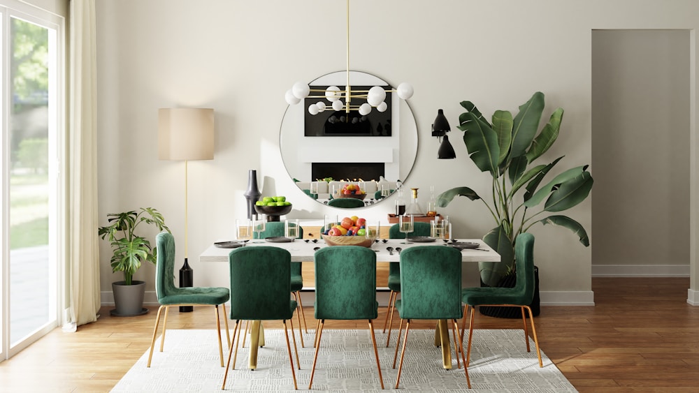 A sunlit dining space with a table, green dining chairs and timber flooring.