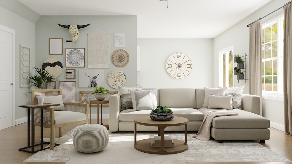 An inviting living room with a round wooden coffee table and natural textures.